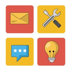 white background with colorful squares with mail and tools and light bulb and speech bubble