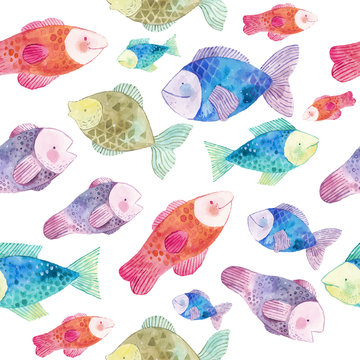 Watercolor seamless pattern with fishes and seaweeds