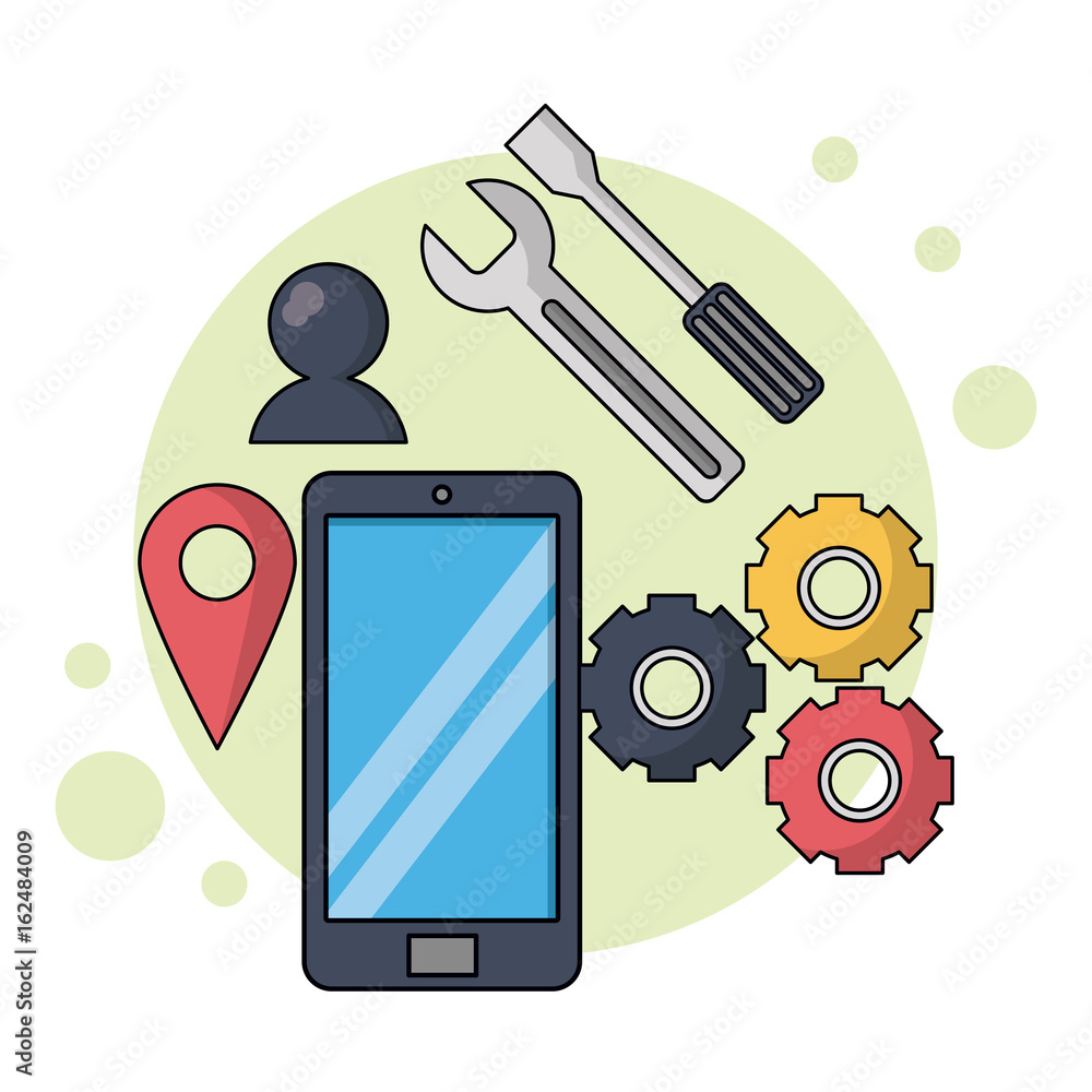 Poster color background with smartphone and apps and tools and chat