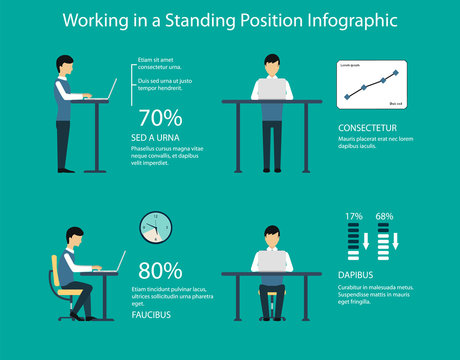 Working in standing position vector illustration. Benefits of a standing desk