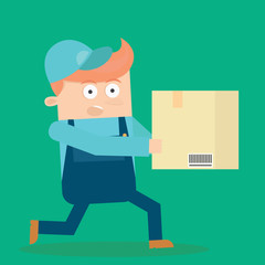 cool caucasian courier delivery service holding package box ready to delivered character flat cartoon vector illustration