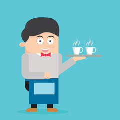cool caucasian barista holding a tray with cups of coffee or tea character flat cartoon vector illustration