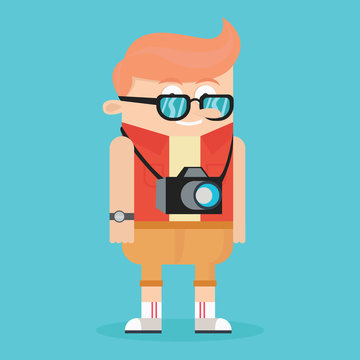 cool caucasian hipster tourism traveling holiday with camera and glasess character flat cartoon vector illustration