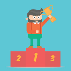 cool caucasian businessman character holding trophy prize winner on first podium flat cartoon vector illustration