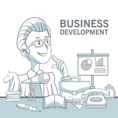 white background with silhouette color sections shading of closeup executive man and elements business development
