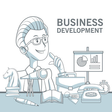 white background with silhouette color sections shading of closeup executive man and elements business development