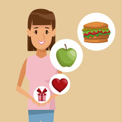 colorful poster half body straight woman and icon of elements healthy food gifts