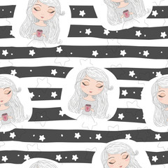 Hand drawn seamless pattern with beautiful cute girl with cup in his hands. Vector illustration