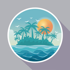 colorful poster with circular frame of island landscape