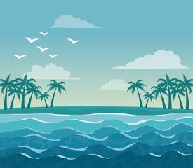 Fototapeta na wymiar colorful poster sky landscape of palm trees on the beach