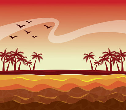 colorful poster sunset sky landscape of palm trees on the beach