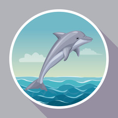 colorful poster with circular frame of seaside with dolphin mammal in ocean