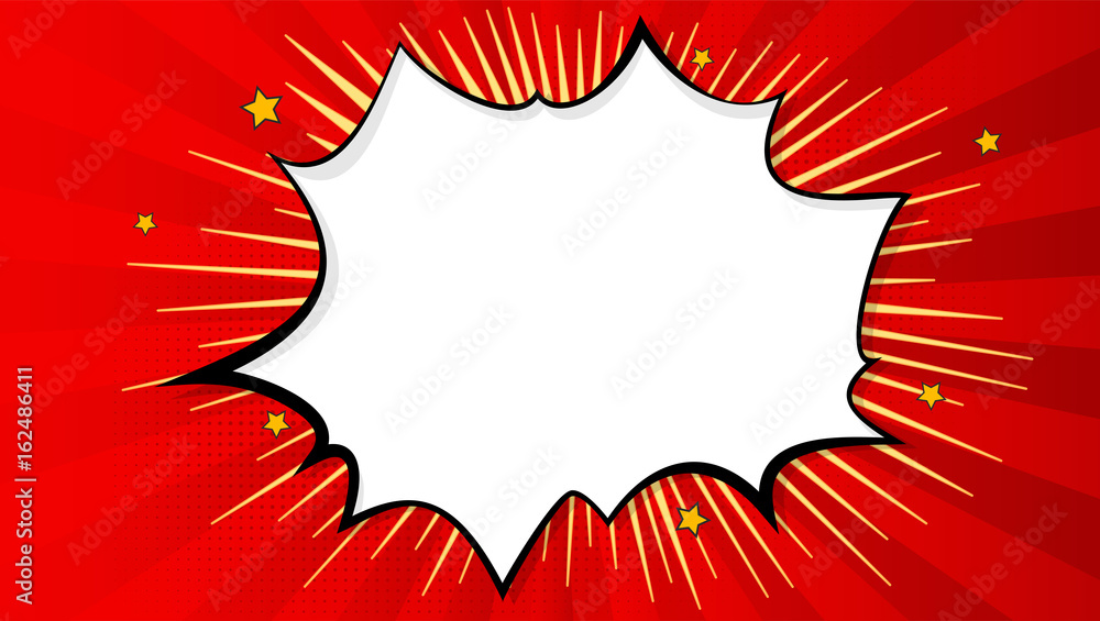 Poster pop art splash background, explosion in comics book style, blank layout template with halftone dots,