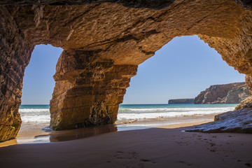 The southern coast of Portugal, the region of the Algarve, beautiful natural beaches with sandy cliffs on the Atlantic coast

