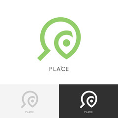 Place search logo - address pointer and magnifier symbol. Travel agency and destination vector icon.