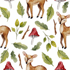 Watercolor seamless pattern with deer ,mushrooms and other  plants.