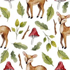 Wall murals Little deer Watercolor seamless pattern with deer ,mushrooms and other  plants.