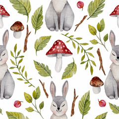 Watercolor seamless pattern with hare or rabbit ,mushrooms and other  plants. - 162489255