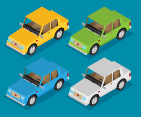 Flat car isometric vector set
