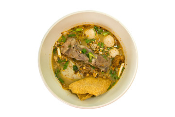 bowl of noodles with vegetables isolated on white background. Thai style noodle. Tomyum noodle.