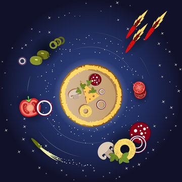Pizza and ingredients on a dark blue background with stars. Vector illustration