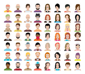 Set of people icons in flat style with faces. Vector women, men character