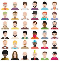 Set of people icons in flat style with faces. Vector men character