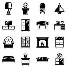 Set of simple icons on a theme Furniture, house, interior, vector, design, flat, sign, symbol, object, illustration. Black icons isolated against white background