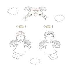 Hand drawn vector illustration of two cute little angel girls with different hair, flying, winged heart and text Angel on a ribbon