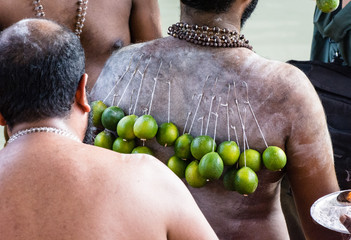 Hindu devotees and his kavadi in a procession to the Batu Caves temple on Thaipusam day, a day of thanksgiving and devotion.
