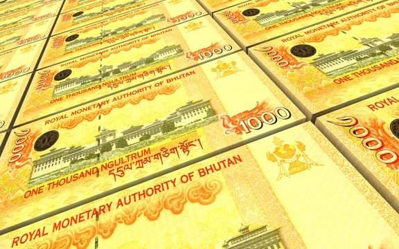 Bhutanese ngultrum bills stacks background. 3D illustration.