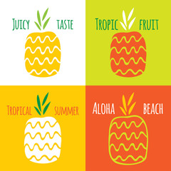 Vector set of pineapples and two seamless patterns