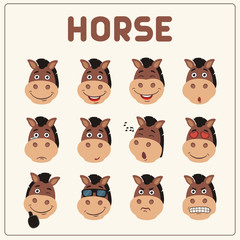 Emoticons set face of horse in cartoon style. Collection isolated funny muzzle horse with different emotion. - 162494249