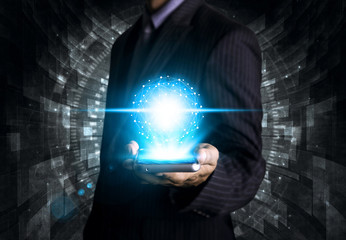 Technology abstract and smart phone in the hands of businessmen