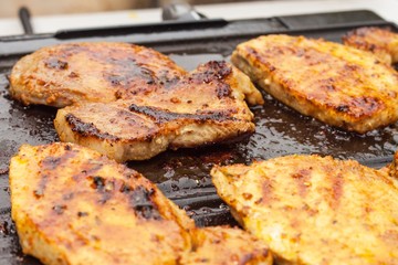 Chicken and pork on electric grill. Summer barbecue. Close-up view.