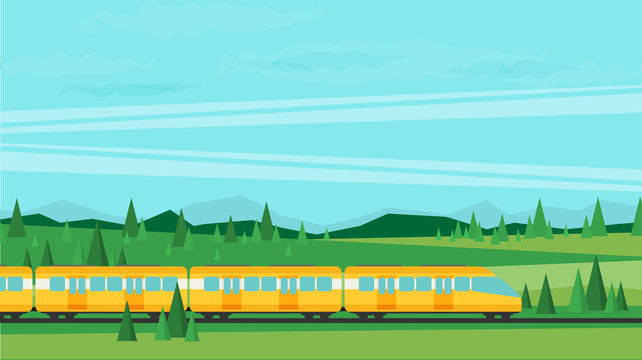 Train on railway. Vector travel concept background.