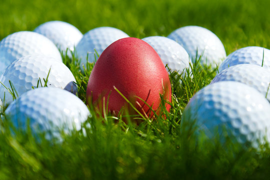 Integration-rotes Ei von Golfb&auml;llen umgeben