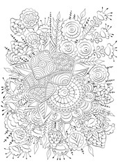 Fototapeta na wymiar Hand drawn backdrop. Coloring book, page for adult and older children. Black and white abstract floral pattern. Vector illustration. 