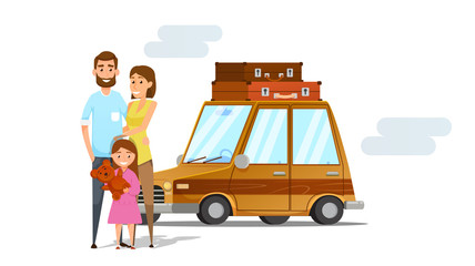 Family vacation. Happy family going for vacation in brown car .Vector illustration.