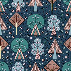 Vector hand drawn seamless pattern, decorative stylized childish trees. Doodle style, tribal graphic illustration. Ornamental cute hand drawing Series of doodle, cartoon, sketch seamless patterns - 162496867