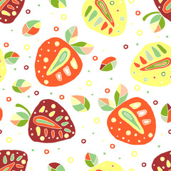 Seamless vector hand drawn childish pattern, border, with fruits. Cute chaildlike strawberries with leaves, seeds, drops. Doodle, sketch, cartoon style background. Endless repeat swatch