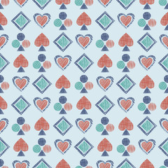 Seamless vector geometrical pattern with icons of playing cards. background with hand drawn textured geometric figures. Pastel Graphic illustration Template for wrapping, web backgrounds, wallpaper