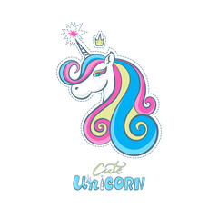 Vector illustration cute unicorn, sticker, icon isolated, cartoon. Head portrait horse. Print design a child's T-shirt. The handwritten short phrases.