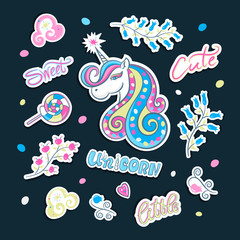 Vector unicorn. Set of stickers, a picture of flowers, lollipop, heart, clouds. Vector trendy illustration isolated. Fashion patch badges with different elements, print a child's T-shirt, lettering.