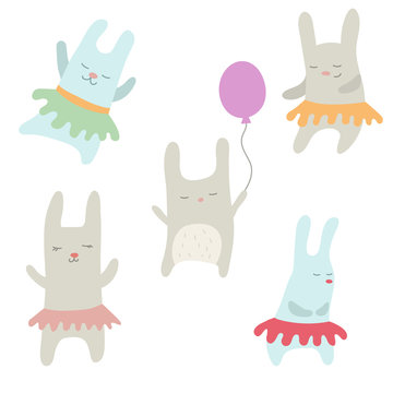 Set of cute little cartoon hares