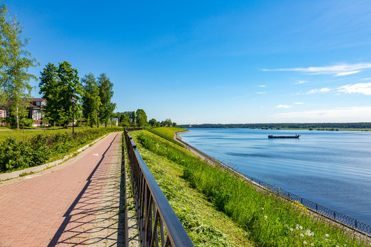 The shore of the grandiose Russian Volga river near the town of Myshkin on a summer day. Yaroslavl region
