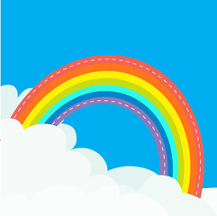 Rainbow in the sky. Dash line contour. Fluffy cloud in corners. Cloudshape. Cloudy weather. LGBT gay symbol sign. Flat design. Blue background. Isolated