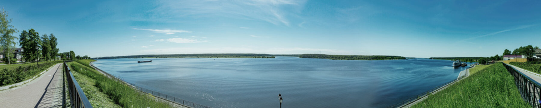 The shore of the grandiose Russian Volga river near the town of Myshkin on a summer day. Yaroslavl region

