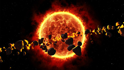 A cluster of asteroids around the Sun © ArtPerfect