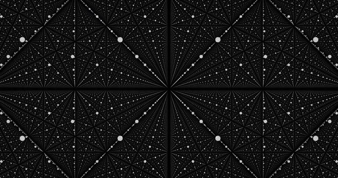 Moving through abstract fractal point matrix lattice. Fly into geometric point structure. 4k infinite space dynamic background. Abstract futuristic universe on dark background